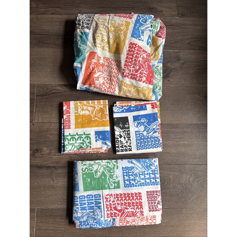 Vintage Sears 70s NFL Bedding Set Sheet Flat Fitted Pillowcases All Over Print
